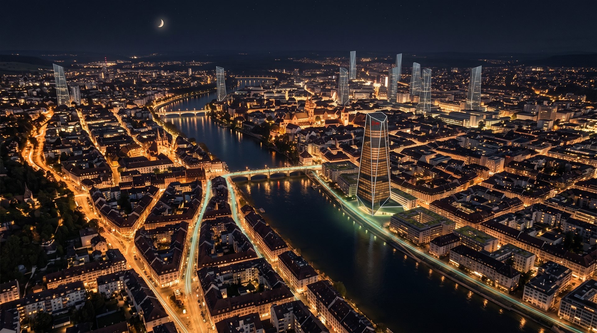 Basel bei Nacht von oben, der Rhein im Rheinknie